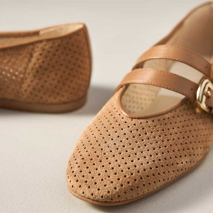 Women's Tan Perforated Round Toe Buckle Ballet Flats with Straps