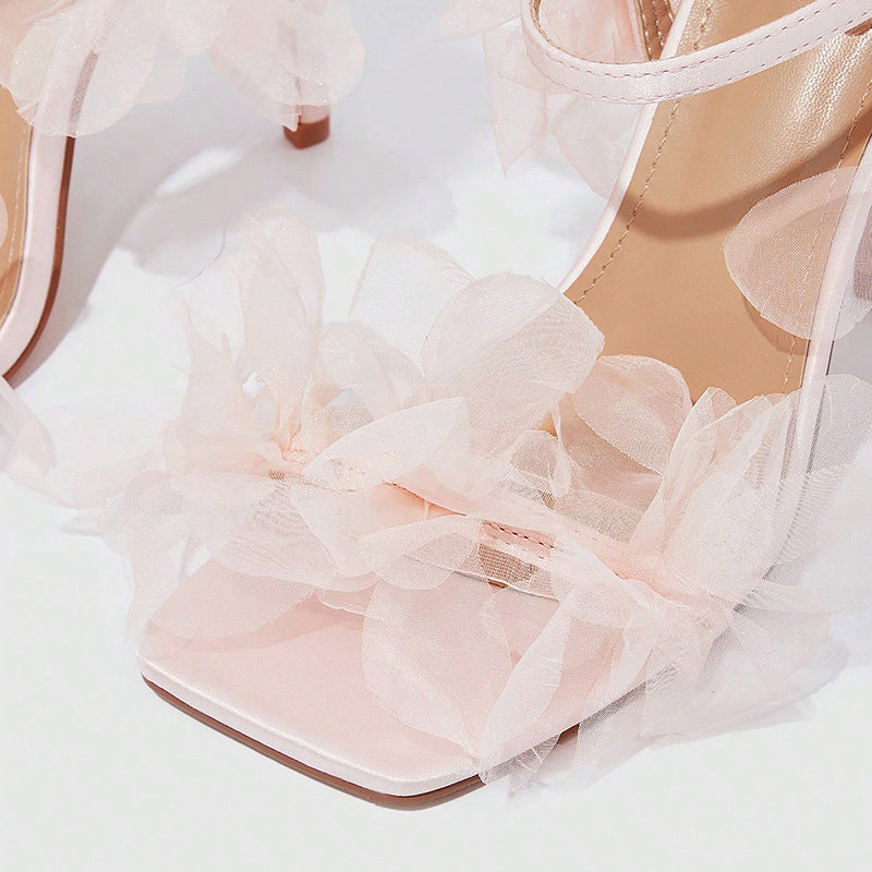 Light Pink Square Toe Ankle Strap Stiletto Heel Lace Wedding Sandals
