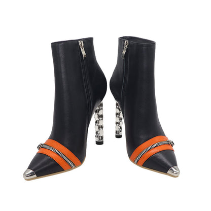 Black Pointed Toe Decorative Heel Ankle Boots