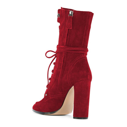 Red Vegan Suede Lace Up Round Toe Chunky Heel Mid Calf Boots