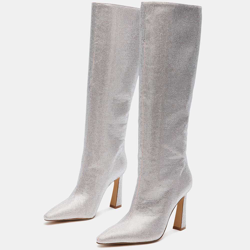 Silver Pointed Toe Flared Heel Rhinestone Wide-Calf Knee High Boots