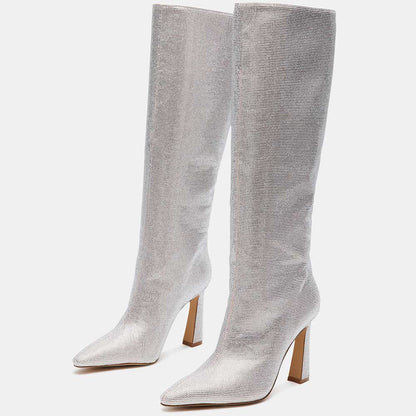 Silver Pointed Toe Flared Heel Rhinestone Wide-Calf Knee High Boots