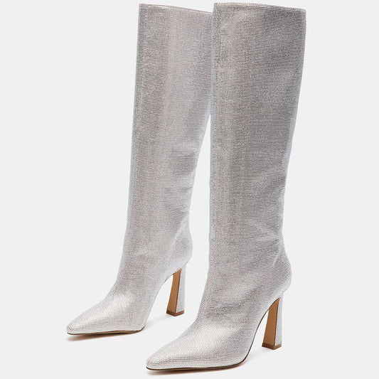 Silver Pointed Toe Flared Heel Rhinestone Wide-Calf Knee High Boots
