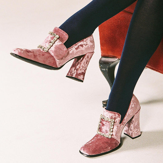 Pink Velvet Chunky Heels Square Toe Rhinestone Buckle Women's Loafers