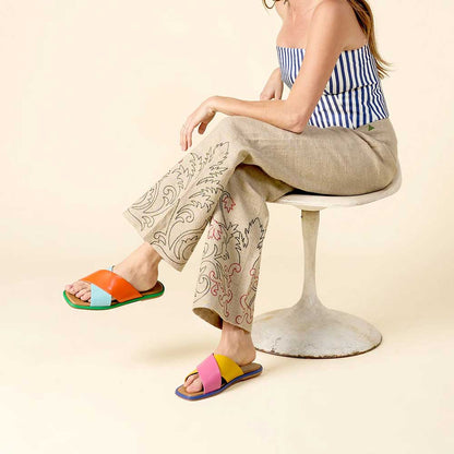 Women's Multi-Color Flat Square Toe Cross Strap Slip On Mules Sandals