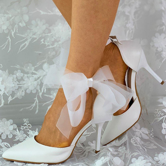 Women's White Bridal Shoes Mesh Bow Ankle Strap Pumps Heels