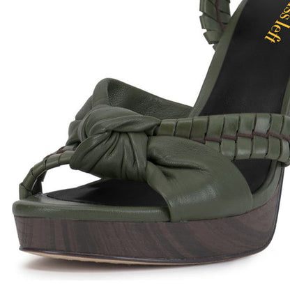 Olive Round-Toe Stiletto Heel Buckled Strappy Woven Platform Sandals