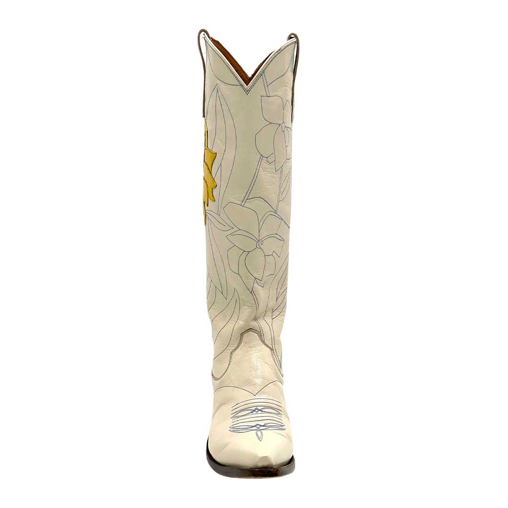 Beige Pointed Toe Yellow Floral Stitching Chunky Heel Knee High Boots