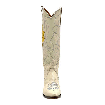 Beige Pointed Toe Yellow Floral Stitching Chunky Heel Knee High Boots