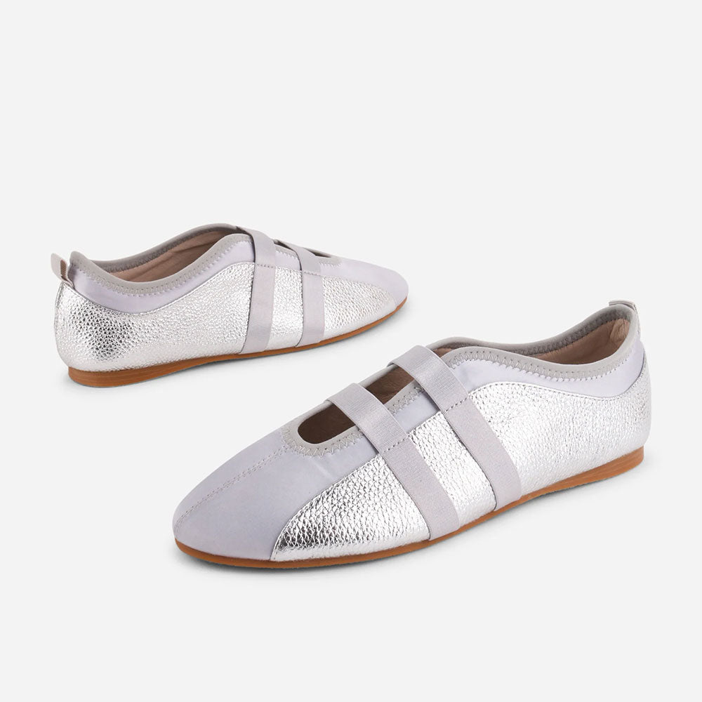 Gray and Silver Round Toe Elastic Band Casual Ballet Flats