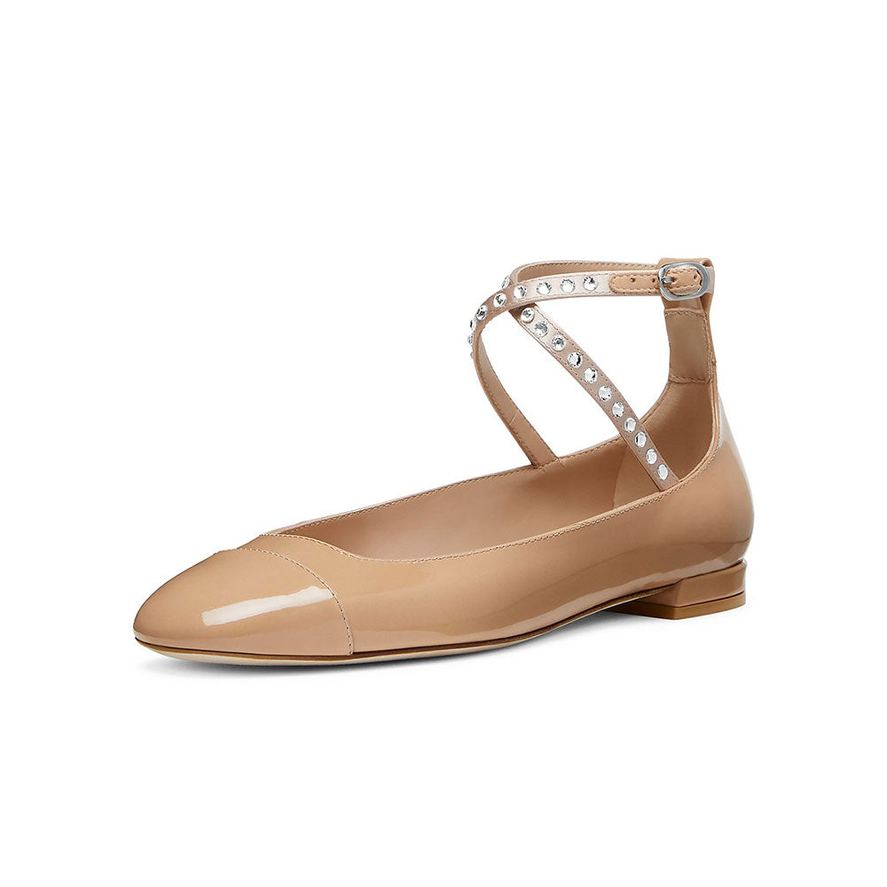 Nude Patent Leather Round-Toe Rhinestone Decor Ankle Strap Flats