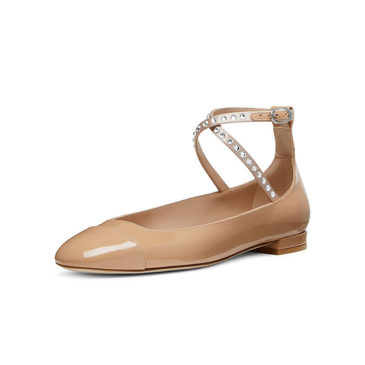 Nude Patent Leather Round-Toe Rhinestone Decor Ankle Strap Flats