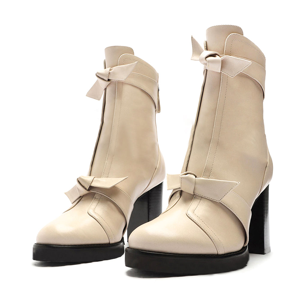 Women's Round Toe Double Knotted Block Heel Ankle Boots with Zip