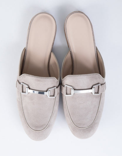 Grey Vegan Suede Round Toe Horsebit Flat Mule Loafers for Women