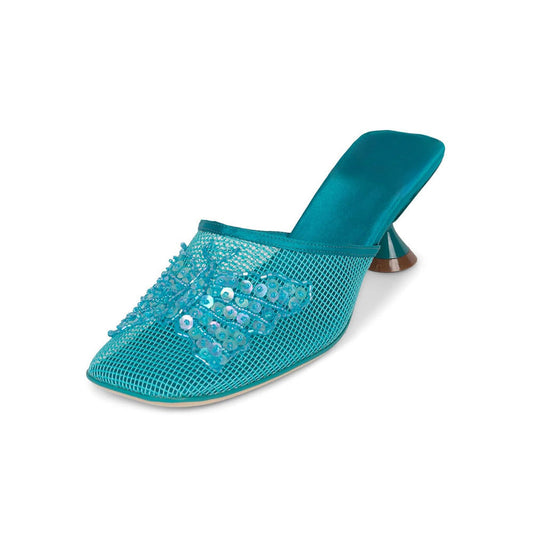 Turquoise Fishnet Square Toe Kitten Heel Sequin Wide Band Mules