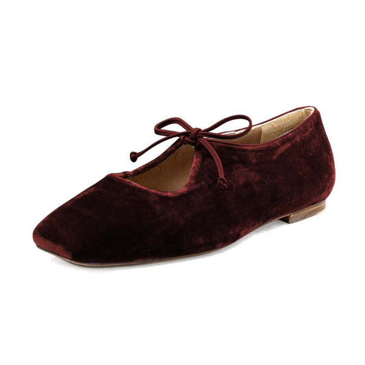 Women's Velvet Square Toe Lace Up Vintage Maroon Ballet Flats