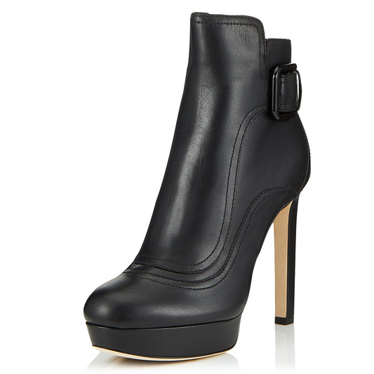 Women's Black Round Toe Buckle Stiletto Heel Platform Ankle Boots