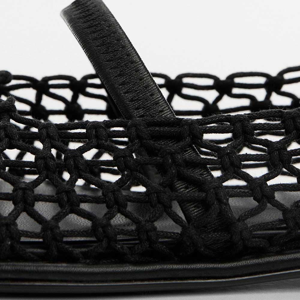 Black Textile Woven Round Toe Vegan Leather Strap Ballet Flats