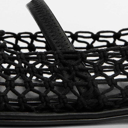 Black Textile Woven Round Toe Vegan Leather Strap Ballet Flats