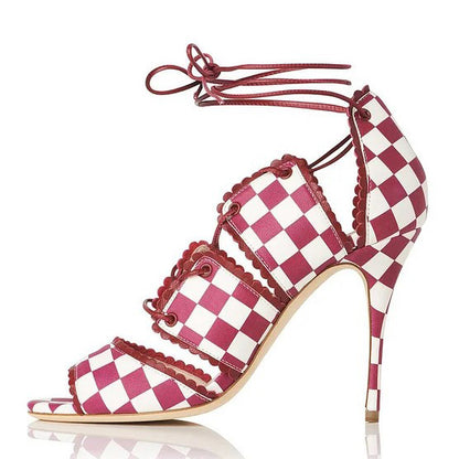 Vintage Plaid Lace-Up Sandals Open Toe Stiletto Heels for Women