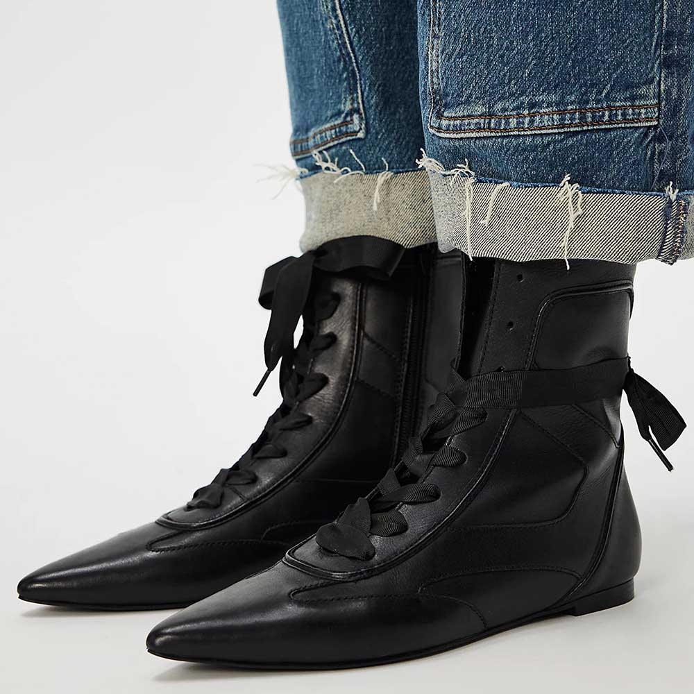 Black Pointed Toe Lace-Up Flat Ankle Boots for Women with Side Zipper