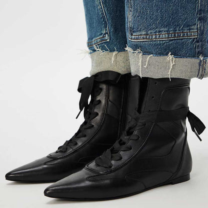 Black Pointed Toe Lace-Up Flat Ankle Boots for Women with Side Zipper