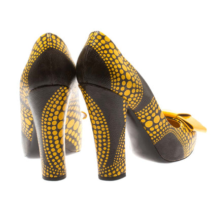 Yellow Dot  Pumps With Bow Knot Chunky Heel Pumps