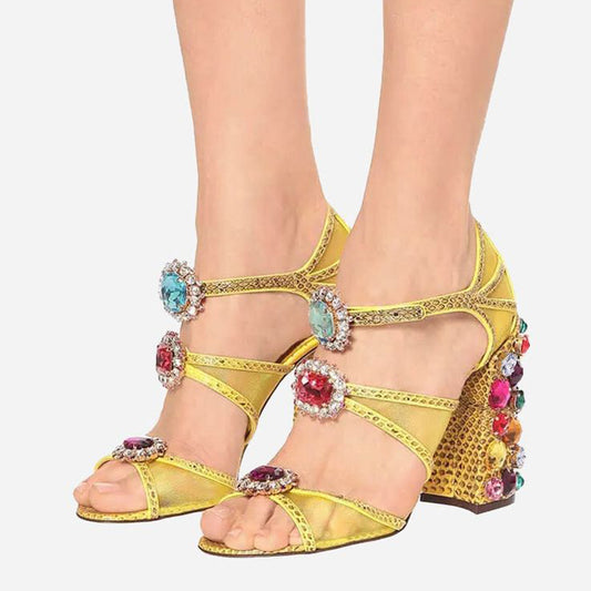Yellow Snakeskin Triple Strap Multicolor Crystal Block Heel Sandals