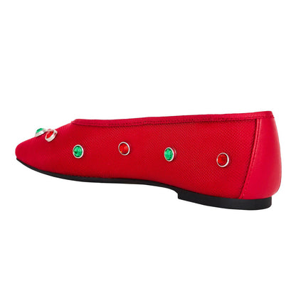 Women's Red Square Toe Mesh Ballet Flats with Colorful Studs