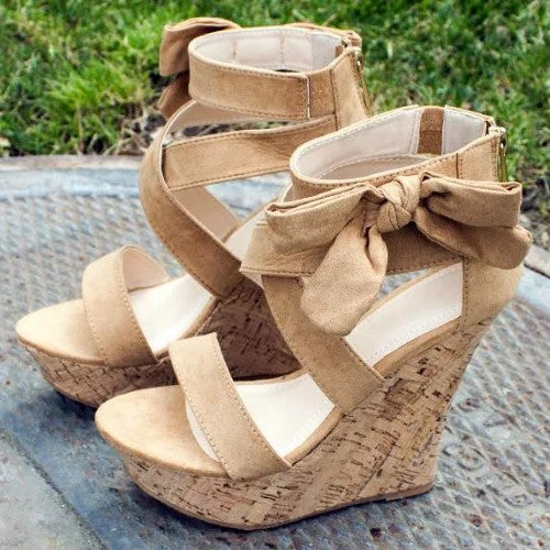 Khaki Vegan Suede Bowknot Platform Strappy Sandals with Wedges