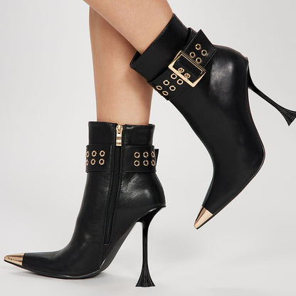 Black Faux Leather Flared Heel Zipper Metal Toe Ankle Boots