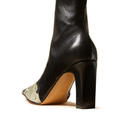 Black Python Print Block Heel Square Toe Ankle Boots with Zipper