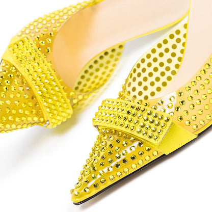 Yellow Rhinestone Kitten Heels Pointed Toe Transparent Mules