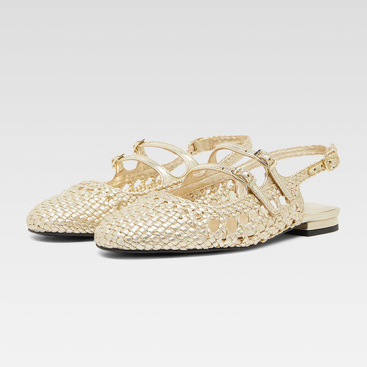 Gold Woven Round Toe Buckled Strappy Mary Jane Flats with Slingback