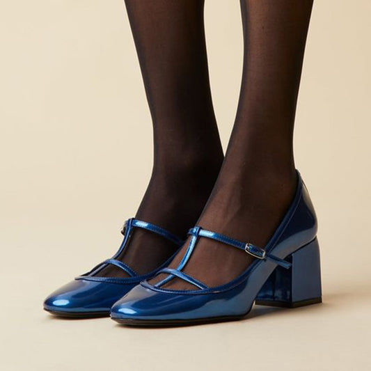Metallic Blue Patent Leather Closed Toe Buckled Strappy Loafers With Chunky Heels