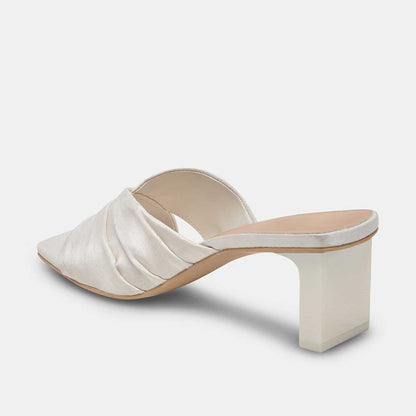 White Satin Square Toe Block Heel Ruched Mule Sandals for Wedding