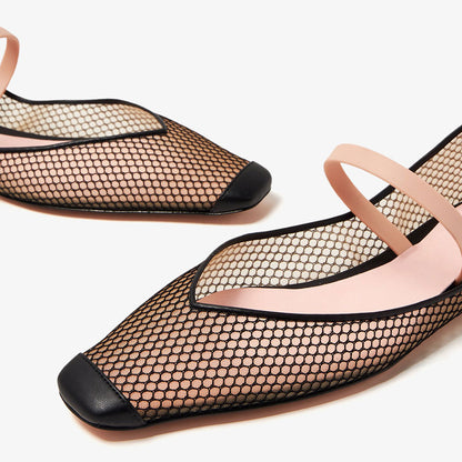Black Square Toe Side Cut Design Perforated Mesh Flats with Strap