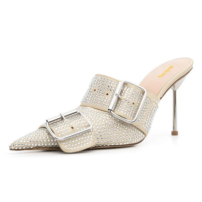 Beige Pointed Toe All-Over Rhinestone Buckle Strap Mule Heels