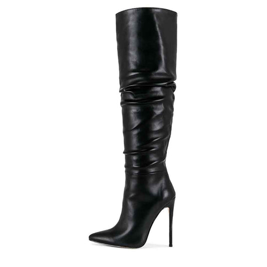 Black Wide Calf Knee High Boots with Stiletto Heels
