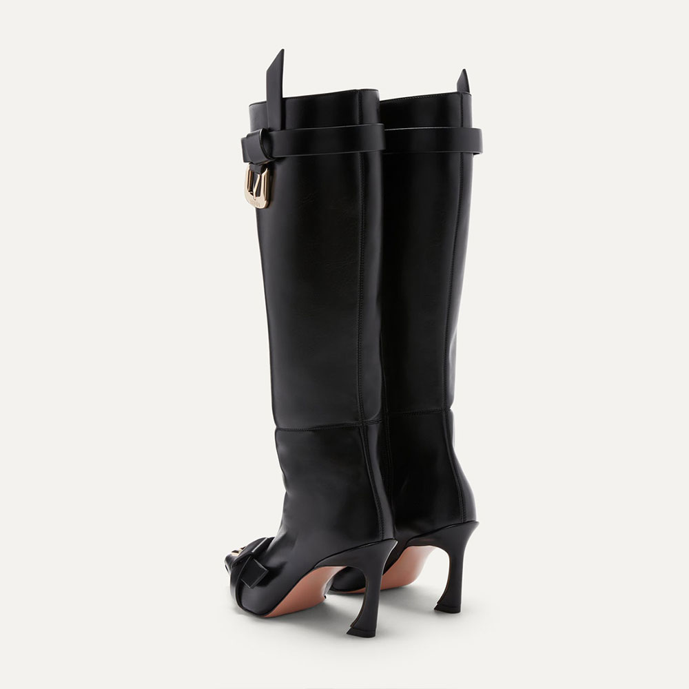 Pointy Toe Sculptural Heel Buckle Knotted Knee High Boots in Black