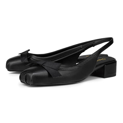 Women's Square Toe Block Low Heel Black Slingback Pumps with Bow