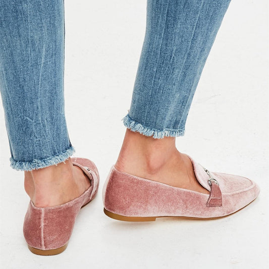 Pink Velvet Square Toe Horsebit Flats Women's Loafers