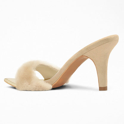 Beige Open Toe Faux Fur Strap Detailing Block Heel Mules Sandals