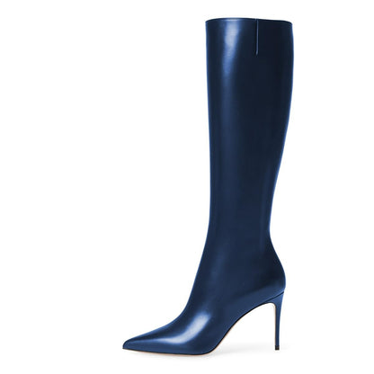 Navy Vegan Leather Stiletto Heel Side Zipper Knee High Boots