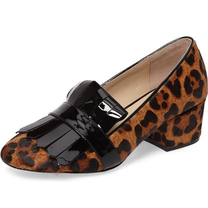 Brown Leopard Print Block Heel Women's Loafers with Fringe
