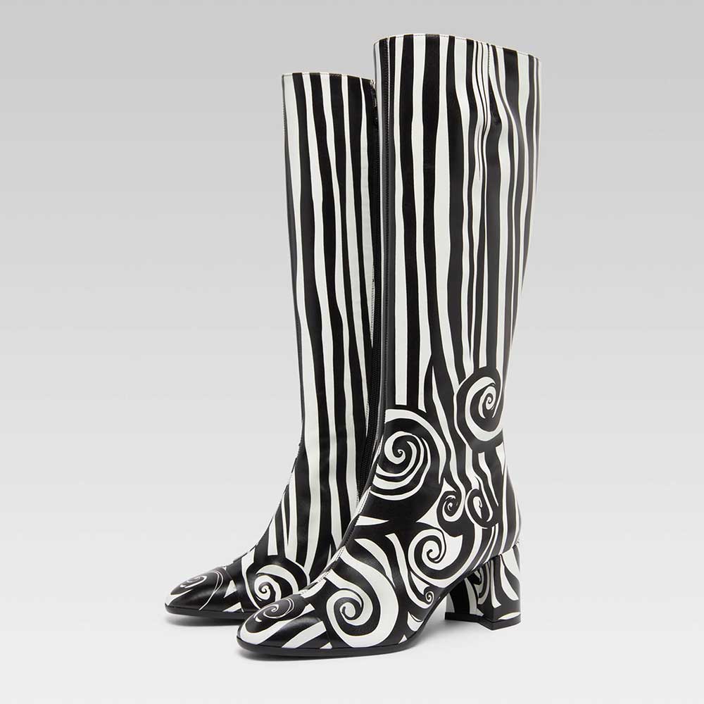 Black & White Square Toe Block Heel Knee High Boots with Side Zipper