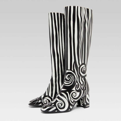 Black & White Square Toe Block Heel Knee High Boots with Side Zipper