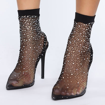 Black Net Booties Pointy Toe Stiletto Heel Rhinestone Ankle Boots