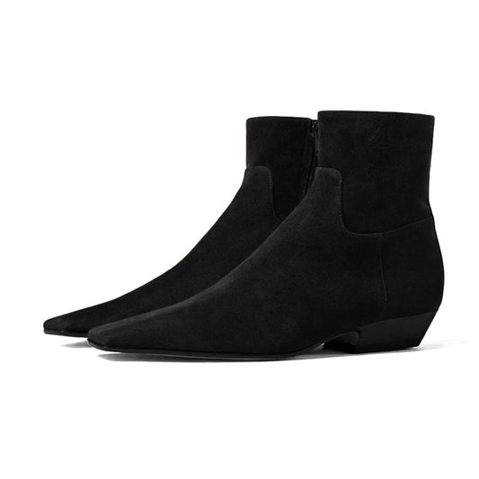 Black Square Toe Chunky Heel Ankle Boots for Women with Zipper
