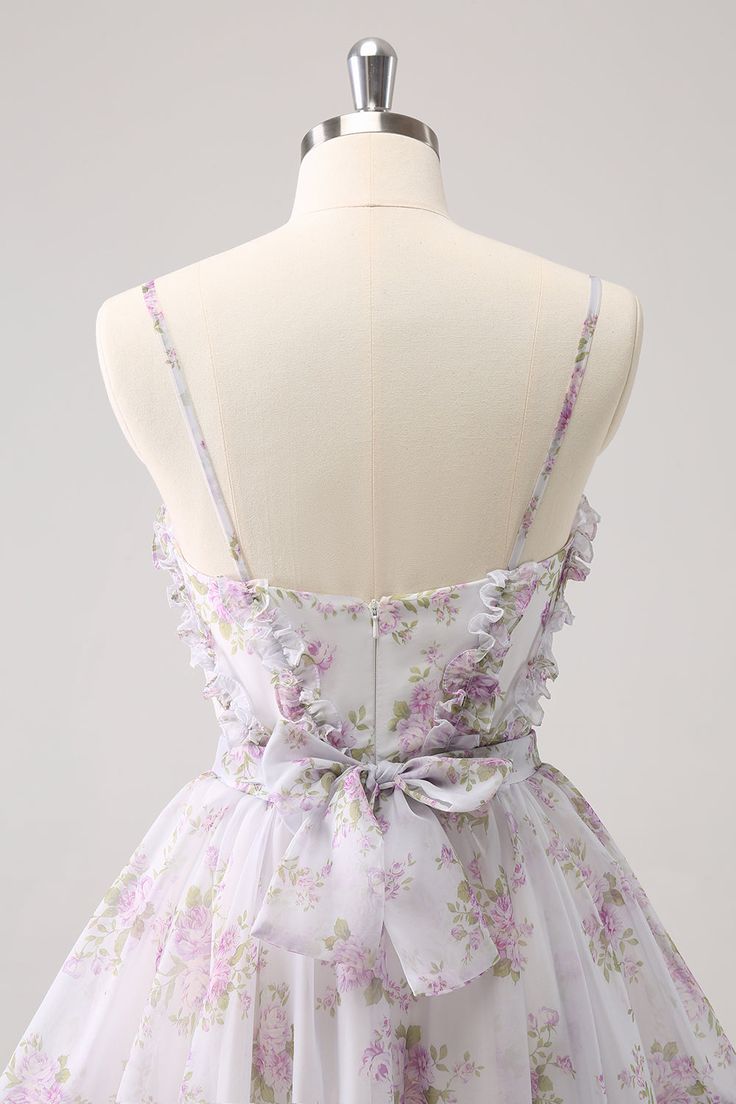 Vintage A-Line Homecoming Dress Spaghetti Straps Ruffled Floral Print Tiered Cocktail Dress TP3390